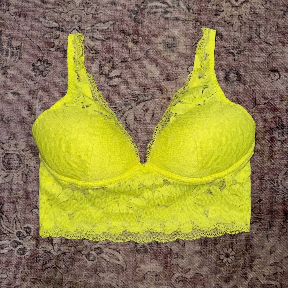 Victoria's Secret PINK Neon Yellow Floral Lace Longline Lightly Lined Bralette S